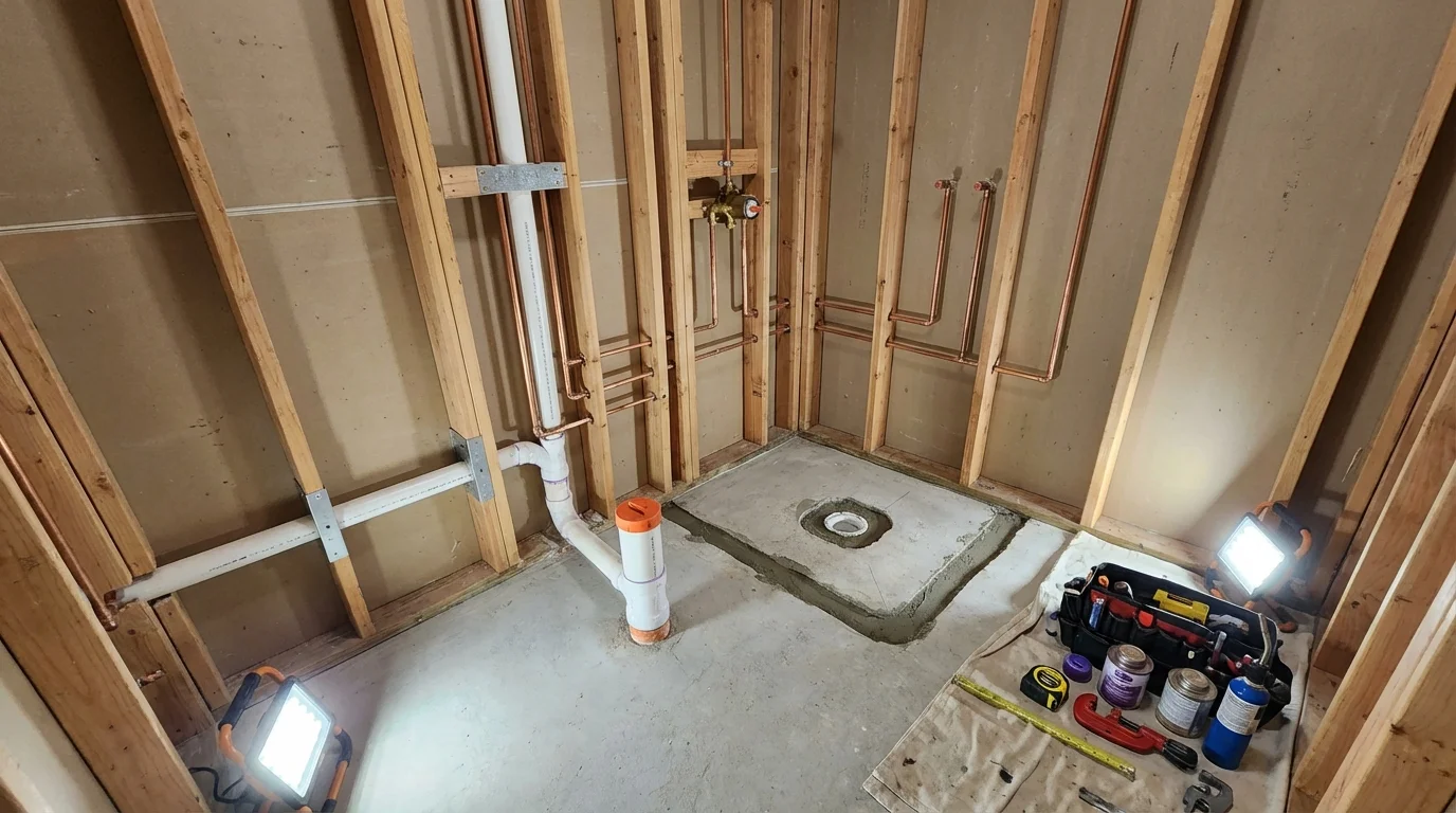 Bathroom rough-in plumbing during remodel by Johns Plumbing LLC in Hillsboro