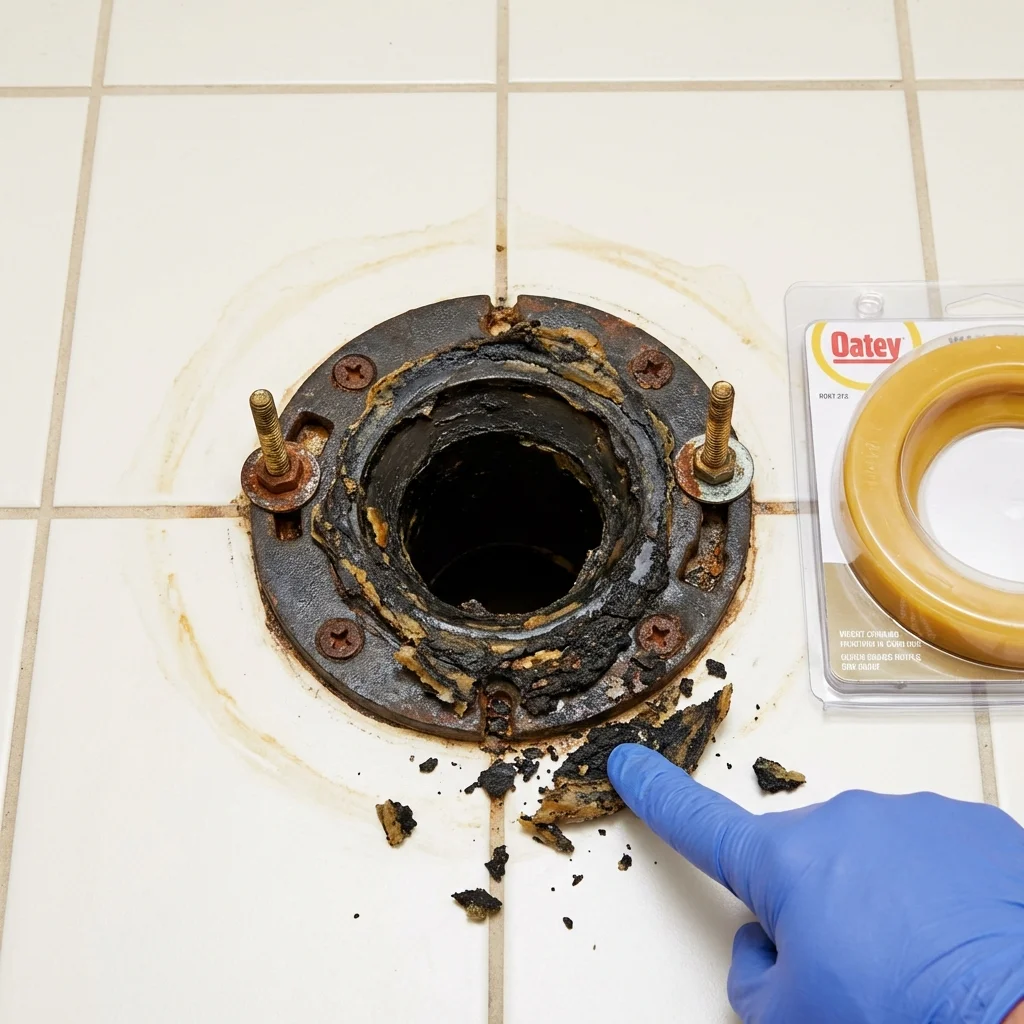 Failed wax ring showing water seepage at the base of a toilet in a Hillsboro, MO home