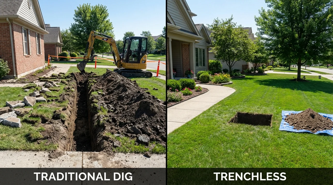 Trenchless sewer repair with minimal yard damage versus traditional excavation in Hillsboro, MO