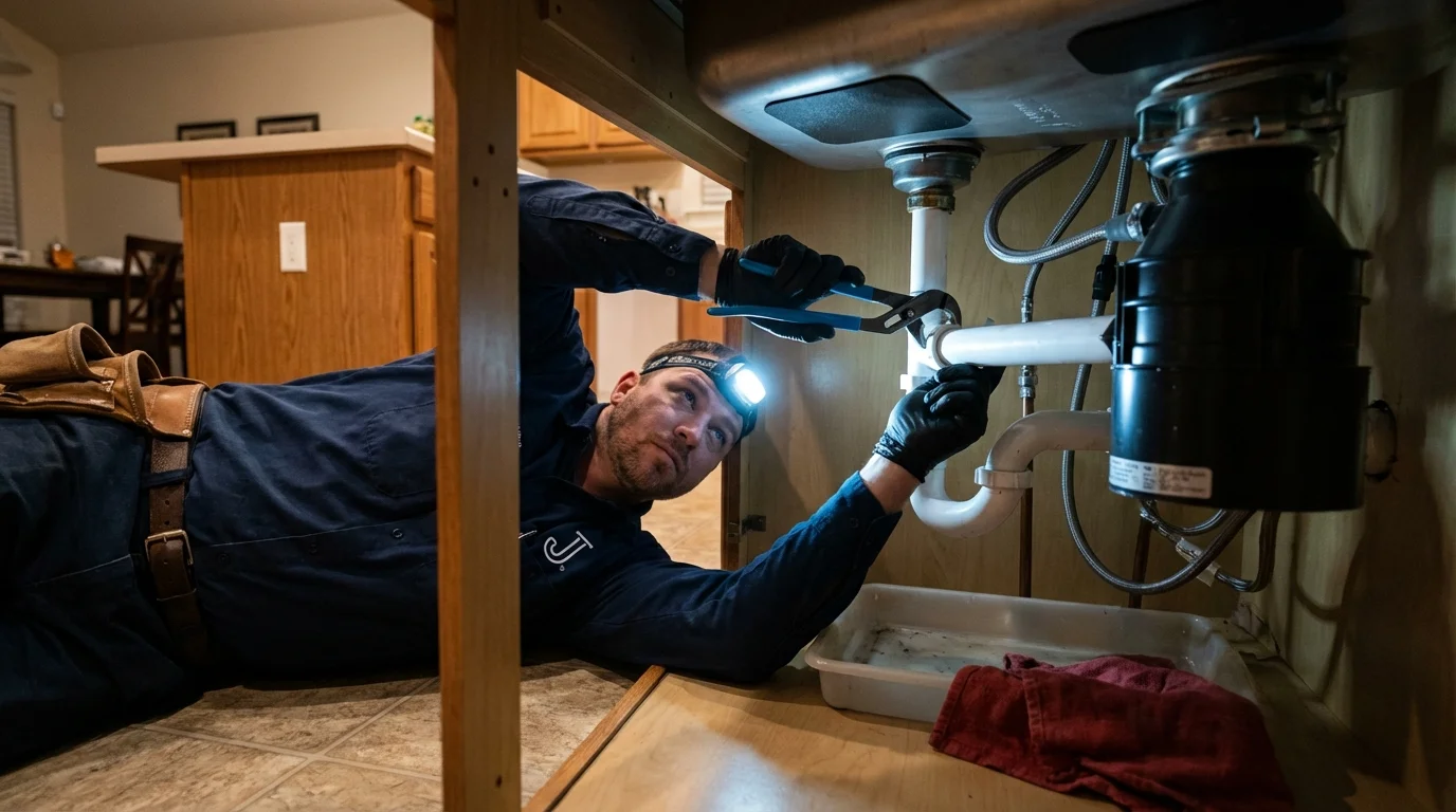 P-trap and supply line connections under a kitchen sink showing a common leak point in Hillsboro, MO